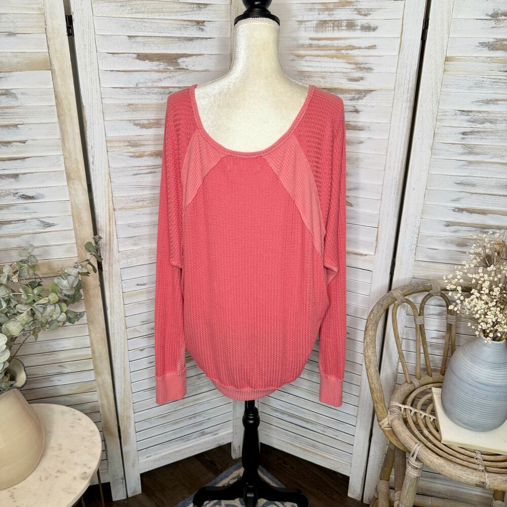 FREE PEOPLE Women's Large Santa Clara Oversized V Neck Thermal Sweater Top Pink - Picture 5 of 14